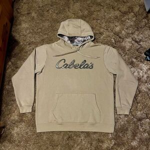 Cabela's Camo Logo Hoodie Beige Mens Large Pullover Sweatshirt Fleece Hunting